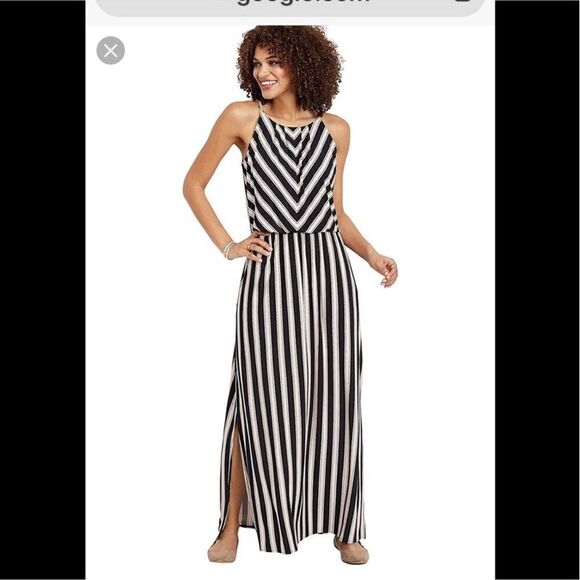 Maurices Stripe Print Maxi Dress Pink Black White Chevron Spaghetti Strap Medium - Picture 1 of 13